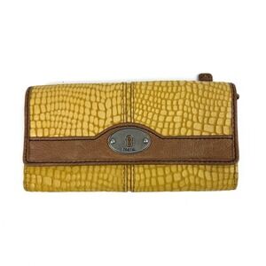Fossil Maddox Wallet Mustard Yellow Alligator Leather Trifold Clutch Organizer